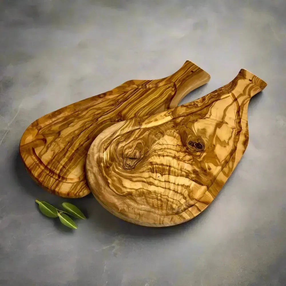 2er Set Olivenholz Schneidebrett mit Saftrille & Griff