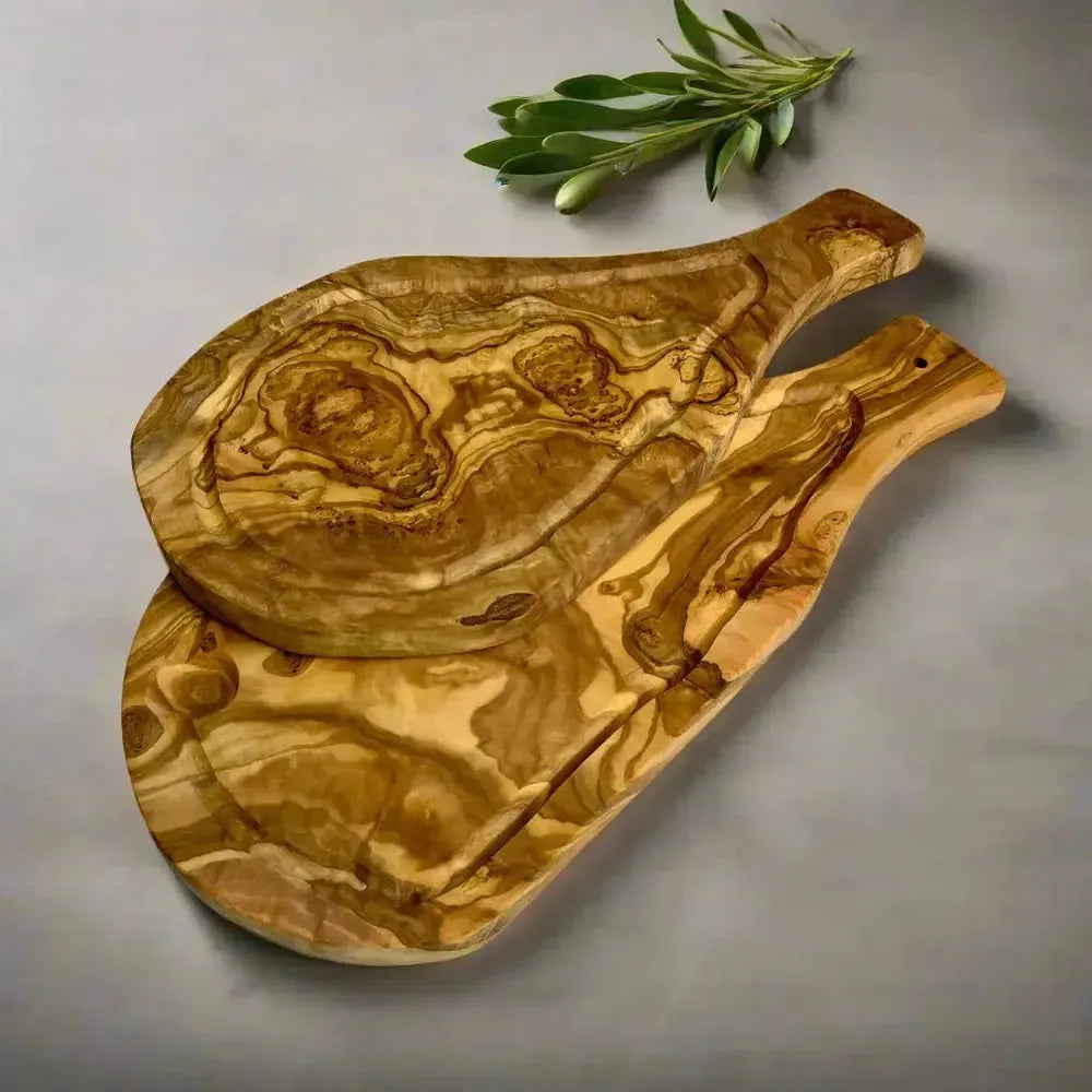 2er Set Olivenholz Schneidebrett mit Saftrille & Griff