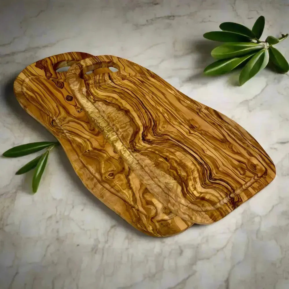 2er Set Olivenholz Schneidebrett mit Saftrille & Grifflasche