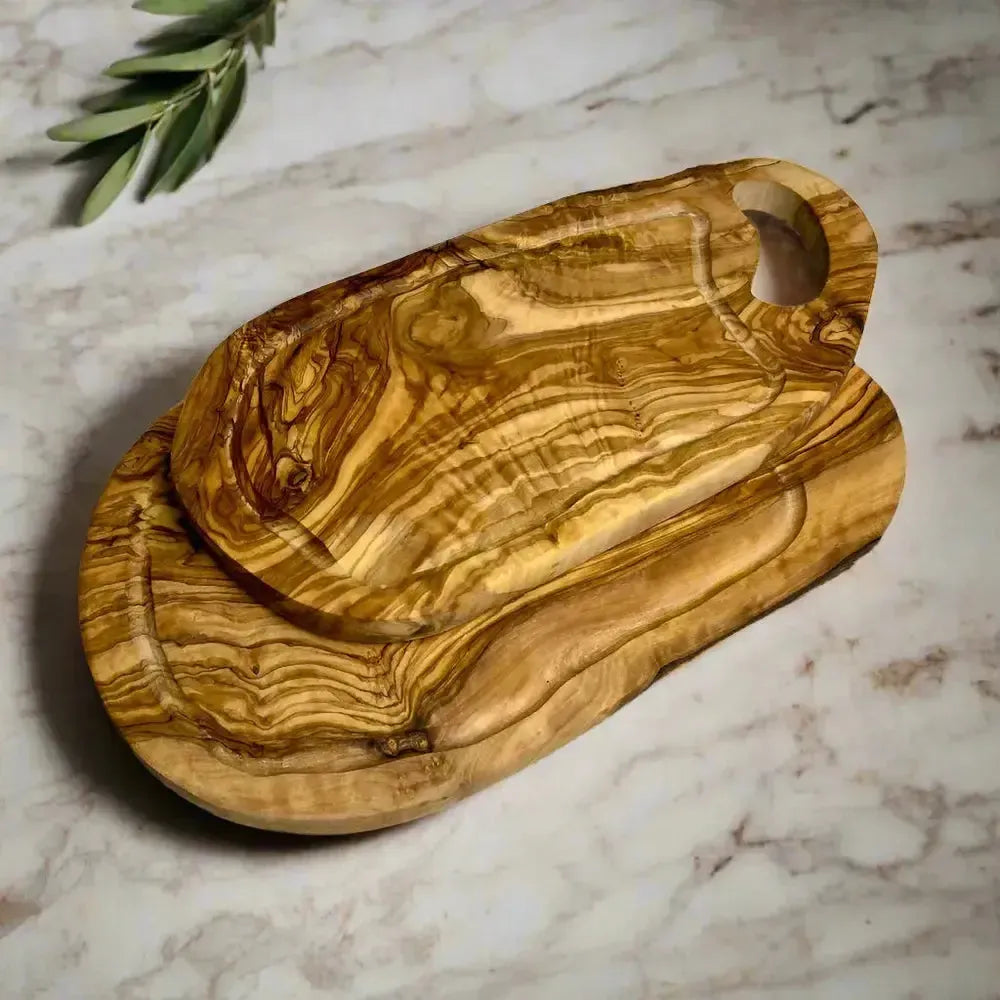 2er Set Olivenholz Schneidebrett mit Saftrille & Grifflasche