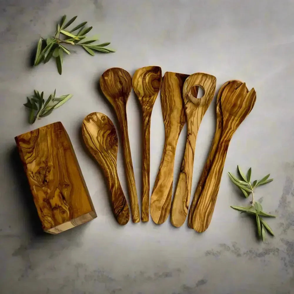 7er Set Olivenholz Küchenhelfer + Box