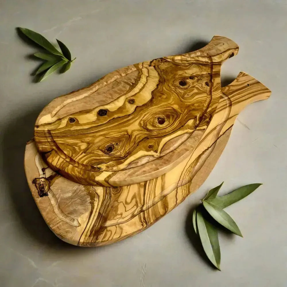 2er Set Olivenholz Schneidebrett mit Saftrille & Griff