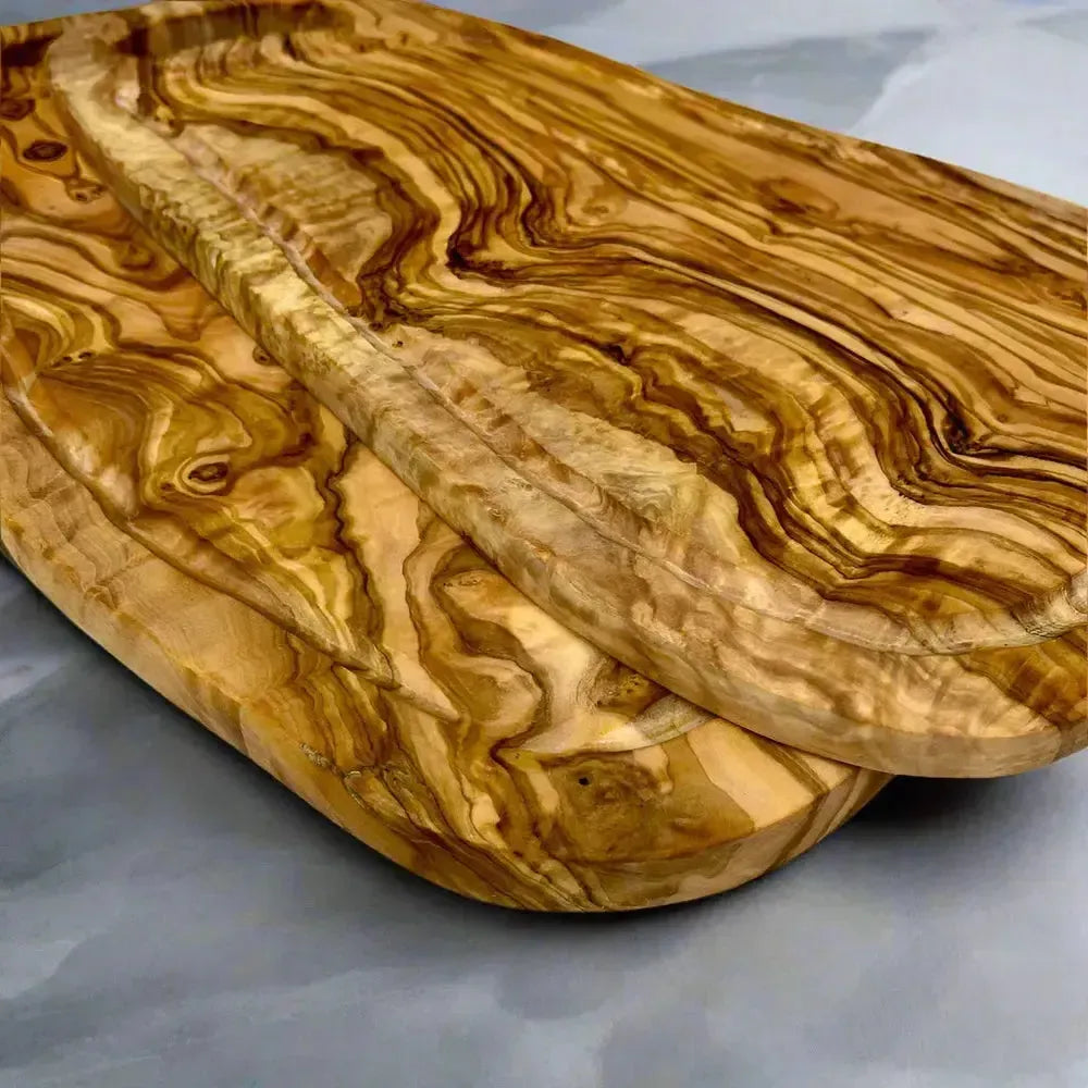 2er Set Olivenholz Schneidebrett mit Saftrille & Grifflasche