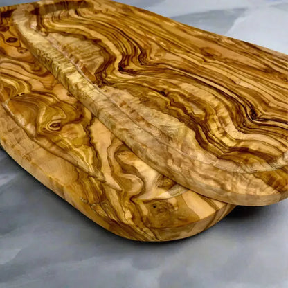 2er Set Olivenholz Schneidebrett mit Saftrille & Grifflasche