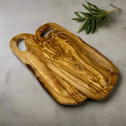 2er Set Olivenholz Schneidebrett mit Saftrille & Grifflasche