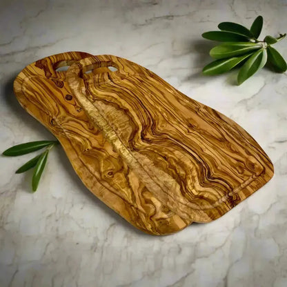 2er Set Olivenholz Schneidebrett mit Saftrille & Grifflasche